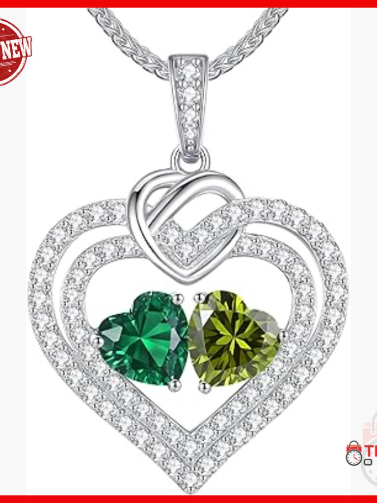 925 Sterling Silver Double Heart Birthstone Pendant Necklace 18" Adjustable